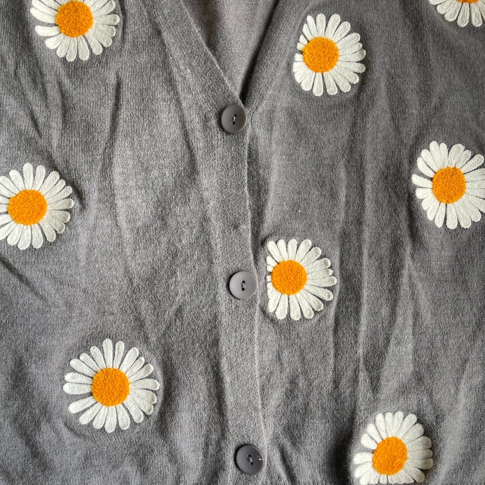Women’s Warm Daisy Flower Cardigan Sweater Long Sleeve V-Neck Cropped Size S - Picture 8 of 9
